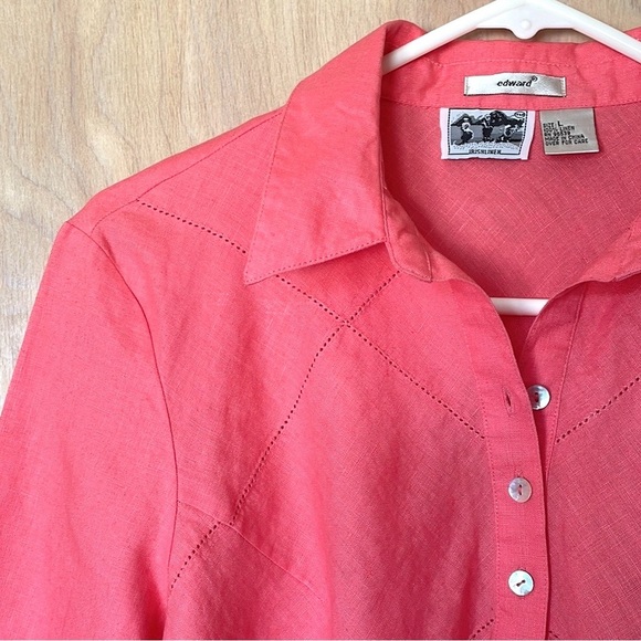 EDWARD 100% Irish Linen Coral Color 3/4 Sleeve Blouse Women’s Large - Picture 4 of 9